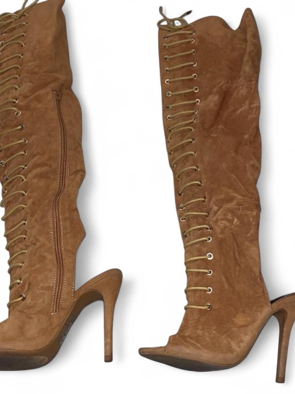 Tall Lace-Up Peep-Toe High Heel Boots - Brown